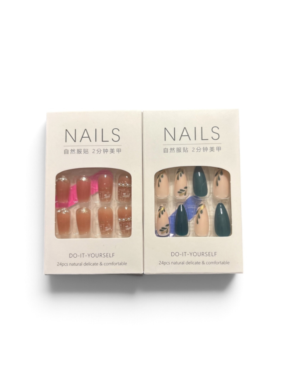 Press-On Nails Beige frencg and Green leaves set of 2
